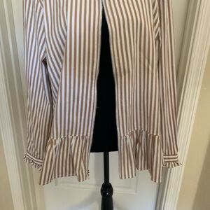 Denim&Co. Striped Brown and White Ruffle Peplum and Cuffs and Zips Up